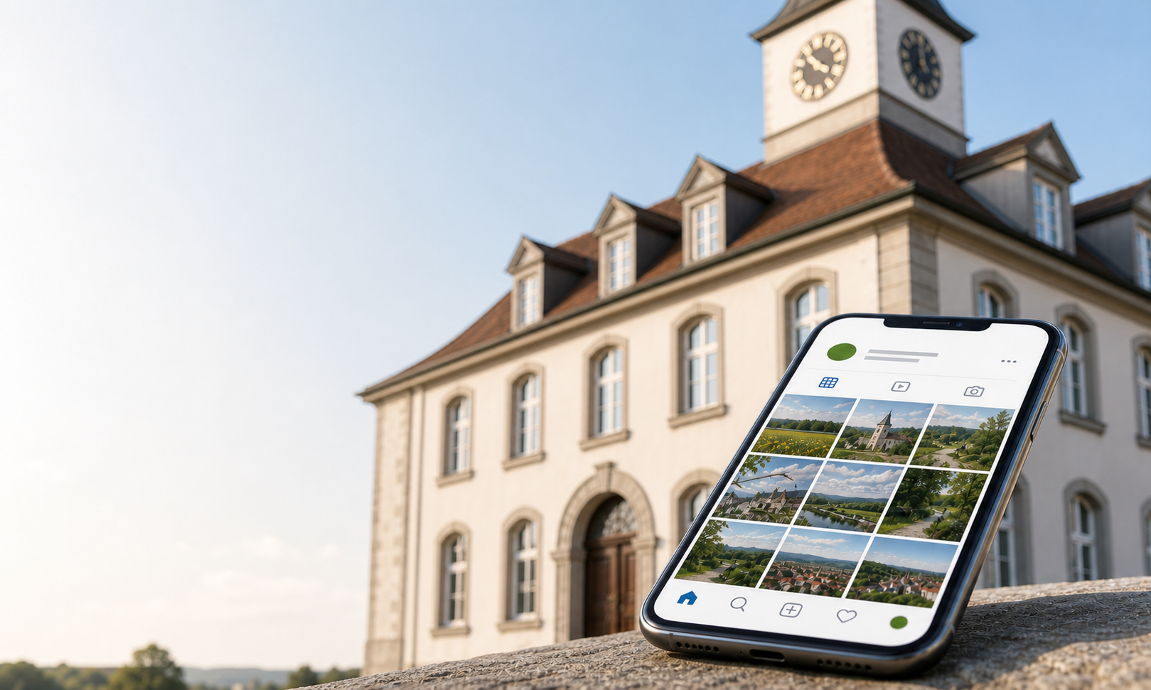 Smartphone mit Social-Media-Ansicht vor dem Teninger Rathaus